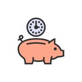 Clock with piggy bank, investment, debt, save time flat color line icon.