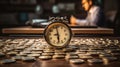 Clock and pile of money on wooden table with overworked businessman The concept of overtime and life balance Generative AI.