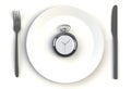 Clock on plate, knife and fork on white table