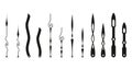 Clock pointer arrows. Black silhouette chronometer elements. Clock arms set. Watch hands, isolated time pointers. Vector