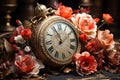 Clock and Ranunculus centerpiece turn back time in charming setting
