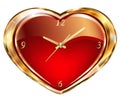 Clock with red hearts. Gold watches and clocks on a background of red velvet heart with floral ornament