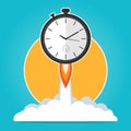 Clock rocket launch up,time to work time is running,deadline concept flat vector