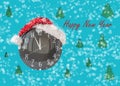 The clock in the Santa Claus hat shows five minutes to twelve around the snow and the Christmas tree postcard merry Christmas Royalty Free Stock Photo