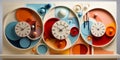 Clock scraps with bright color dials, giving the image of playfulness and sty Royalty Free Stock Photo