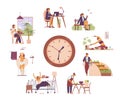 Clock with infographics of daily woman routine from morning to night