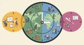 A clock-shaped infographic illustrates different stages of work and activities Royalty Free Stock Photo