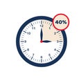 Clock showing discounted time. Limited time offer. Hour interval with 40% discount. From 12 to 3 oÃ¢â¬â¢clock. Flat icon. Vector Royalty Free Stock Photo