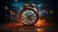 clock showing New Year time, fire works in the background Royalty Free Stock Photo
