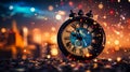 clock showing New Year time, fire works in the background Royalty Free Stock Photo