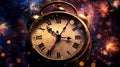 clock showing New Year time, fire works in the background Royalty Free Stock Photo