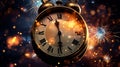 clock showing New Year time, fire works in the background Royalty Free Stock Photo