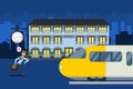 Clock shows that man late for train, vector illustration. Passenger character looks at watch and run to departing train.