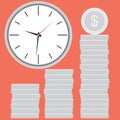 Clock with silver coin stock. Time is money Royalty Free Stock Photo