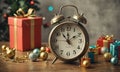 A clock is sitting on a table with gifts and Christmas decorations. Royalty Free Stock Photo