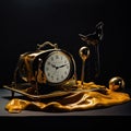 A clock sitting on top of a table covered in liquid. Generative AI image.