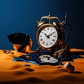 A clock sitting on top of a table next to an egg. Generative AI image. Royalty Free Stock Photo