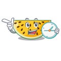 With clock sliced yellow watermelon on character cartoon