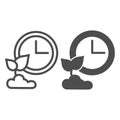 Clock and sprout in soil, growing time line and solid icon, gardening concept, time of growth vector sign on white