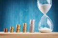 Clock with stacked coins and hourglass on blue background Royalty Free Stock Photo