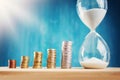 Clock with stacked coins and hourglass on blue background Royalty Free Stock Photo