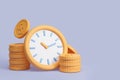 Clock standing near stacks of dollar coins