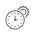 Clock and Sun Linear Pictogram. Summer Time Line Icon. Alarm for Sunbathing. Sunrise and Sunset Hours Sign. Morning