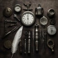 A clock surrounded by various antique items on a table. Generative AI image.