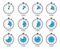 Clock symbols. Timers minutes and hours circle graph objects 5, 10 and 20 min vectors Royalty Free Stock Photo