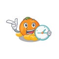 With clock tangerine is stored in cartoon refrigerator