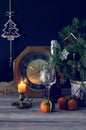 The clock, tangerines, christmas cookies and champagne Royalty Free Stock Photo