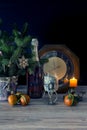 The clock, tangerines, spruce branches and champagne Royalty Free Stock Photo