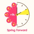 Clock with text Spring Forward. Vector simple illustration to change hand to one hour ahead Royalty Free Stock Photo