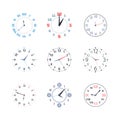 Clock time set. Dial with roman and arabic numerals of round shape, wall and hand chronometer with classic and modern Royalty Free Stock Photo