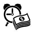 Clock (time symbol) with money in cash, dollar, piles, stacks of dollars banknotes, symbol of wealth, treasure,