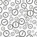 Clock timer seamless pattern background. Business flat vector illustration. Clock watch sign symbol pattern. Royalty Free Stock Photo