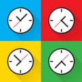 Clock timer. Vector isolated illustration. Set of vector clocks. Business watch. Trendy flat design concept. Colored background. Royalty Free Stock Photo
