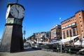 Clock tower on Aker Brygge Dock and modern building in Oslo, Nor Royalty Free Stock Photo