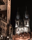 Clock tower and Cathedral in the Old Town Square in Prague at night Royalty Free Stock Photo