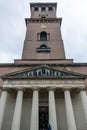 Clock tower of Church of Our Lady Vor Frue Kirke situated on Frue Plads public square in central Copenhagen, next to the