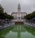 The clock tower of the City Hall of Porto located at the top of the Aliados Avenue