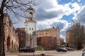 Clock tower in the city of Vyborg, bell tower of the destroyed cathedral, April 11, 2022, Vyborg, Russia