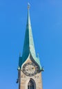 Clock tower of the famous Fraumunster cathedral in Zurich, Switz