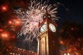 Clock tower and fireworks at night, in the city of Seoul, Generative AI