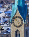 Clock tower of the Fraumunster Cahedral in winter