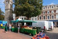 Clock tower and fruit and vegetable stall