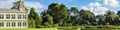 Panoramic view of the clock tower and garden of the Werribee mansion.