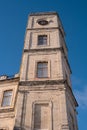 Clock Tower of the Gatchina Palace. Winter, sunny. Picture taken from the foot of the tower. Russia. Royalty Free Stock Photo