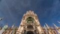 Clock Tower or Glockenspiel close-up, Detail of Rathaus New Town Hall with chime in city center timelapse, Munich Royalty Free Stock Photo