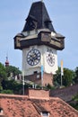 Clock Tower in Graz, stands on top of a hill and can be seen from almost all over the city center. Royalty Free Stock Photo